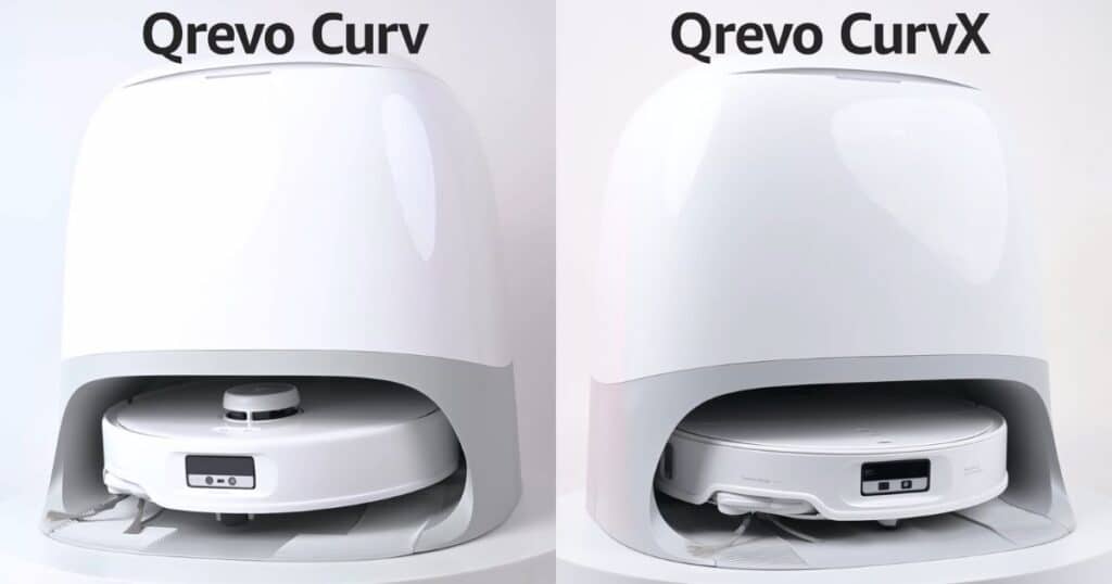 Side-by-side photo comparison of Roborock Qrevo Curv and Qrevo CurvX docks showing similar curved designs.