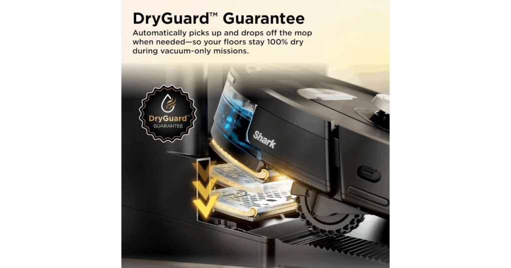 Shark PowerDetect ThermaCharged robot vacuum demonstrating DryGuard technology, automatically lifting the mop pad to keep carpets dry during vacuum-only cleaning.