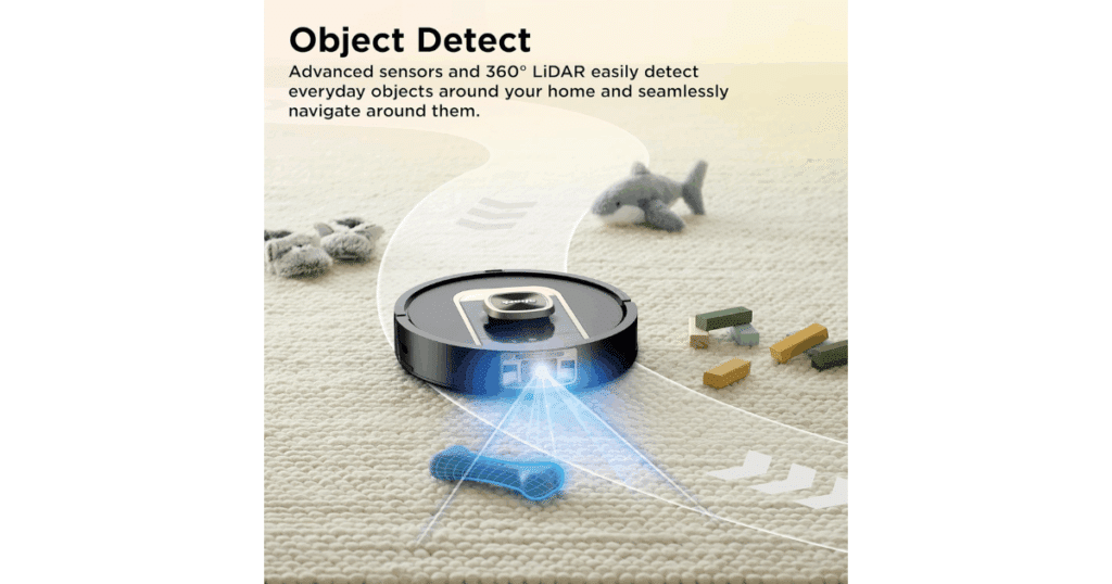 Shark PowerDetect ThermaCharged robot vacuum equipped with 360-degree LiDAR and 3D sensors for precise obstacle recognition and navigation around household objects.