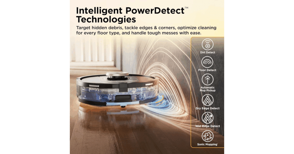 A chart showing the Detect suite of Shark features, which combine several intelligent cleaning modes that adjust performance based on flooring type, dirt levels, and room layout.