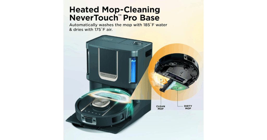 The PowerDetect ThermaCharged shown washing the mop at 185 °F and drying it at 175 °F