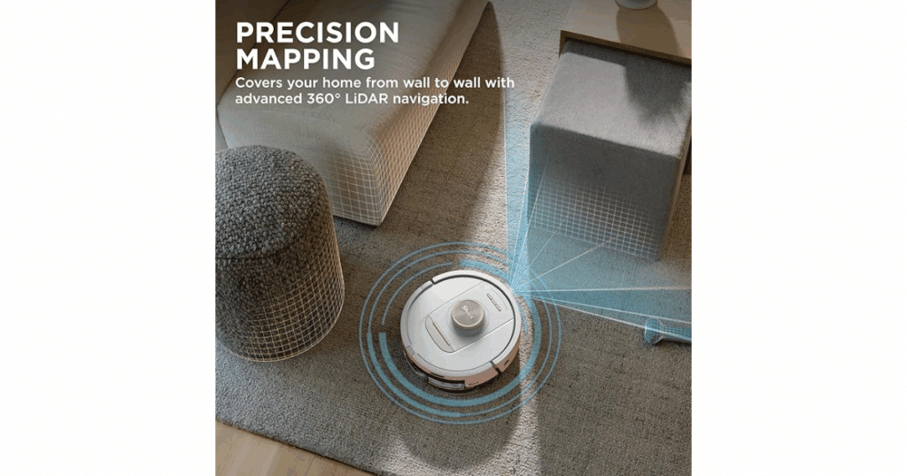 The Shark Stratos 2-in-1 shown with a 360 degree LiDAR turret for navigation - it does not have a separate obstacle avoidance system