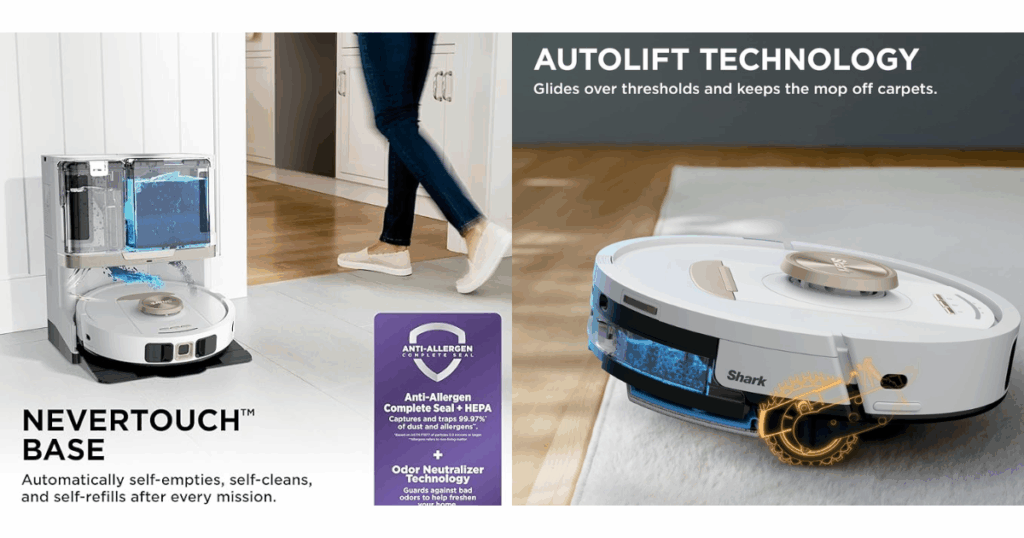 The Shark Stratos Robot Vacuum shown with a Nevertouch dock with up to 60 days of dustbin capacity and a lifting mop pad for mixed-floor cleaning and threshold clearance
