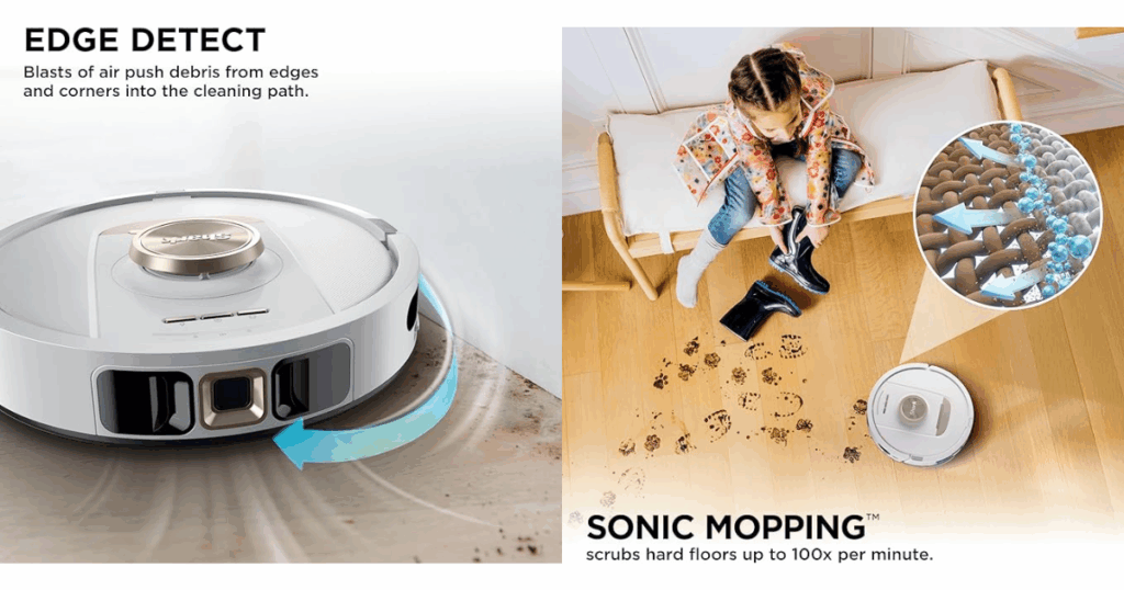 Shark Stratos 2-in-1 Robot Vacuum & Mop AV2700ZE demonstrating Edge Detect air-blast technology pushing debris from corners, and sonic mopping with a flat mop pad scrubbing hard floors at 100 vibrations per minute