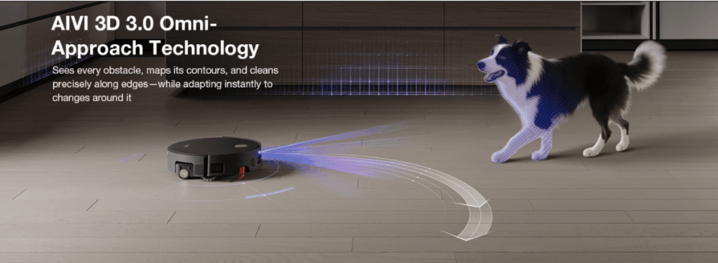 Yeedi S20 Infinity robot vacuum using AIVI 3D 3.0 Omni-Approach Technology to detect and avoid a nearby dog on a hardwood floor.