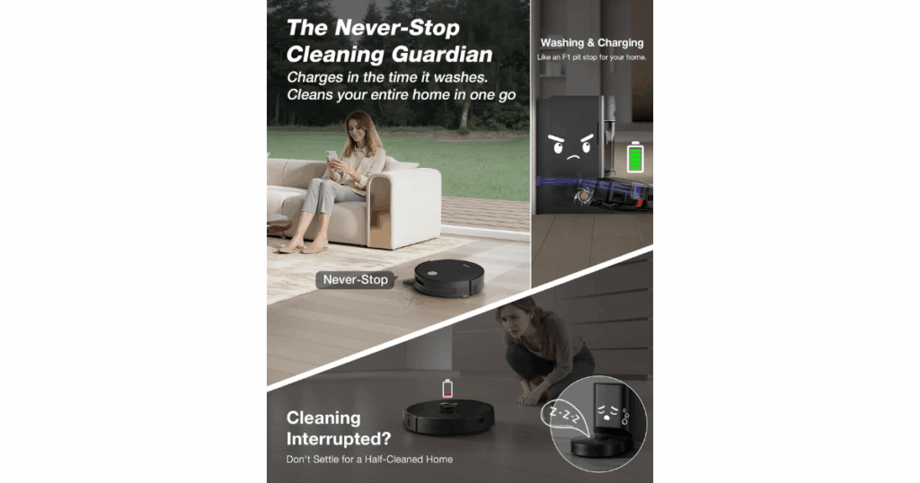 Yeedi S20 Infinity robot vacuum returning to its dock for simultaneous washing and charging, shown cleaning continuously in a living room.