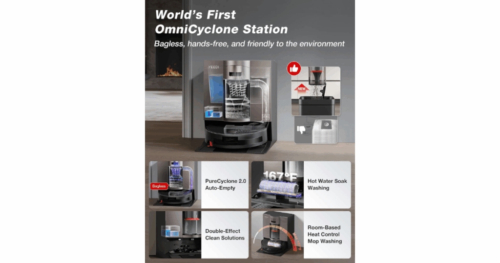 Yeedi S20 Infinity OmniCyclone Station showing its bagless self-cleaning dock with hot water mop washing and PureCyclone 2.0 auto-empty system.