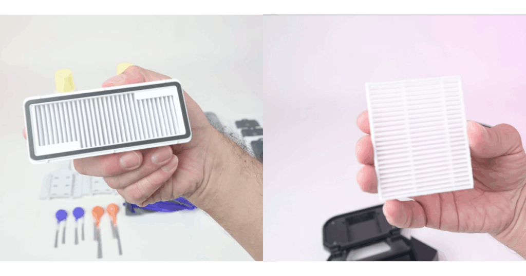 Close-up a disposable filter and a washable filter showing pleated and mesh designs for airflow and debris capture.
