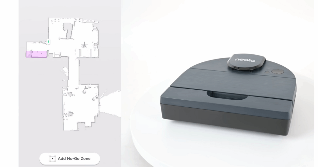 A Neato Robot vacuum next to the no-go zone ability in the app, which will be unavailable after the cloud shutdown