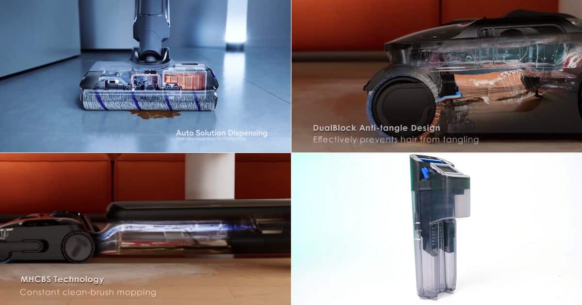 A four-image collage showing internal cutaway views and components of a hard floor cleaner, including a floorhead with visible internal mechanisms, a side view illustrating an anti-tangle roller system, a low-profile view of a cleaner operating under furniture, and a standalone dirty-water tank.