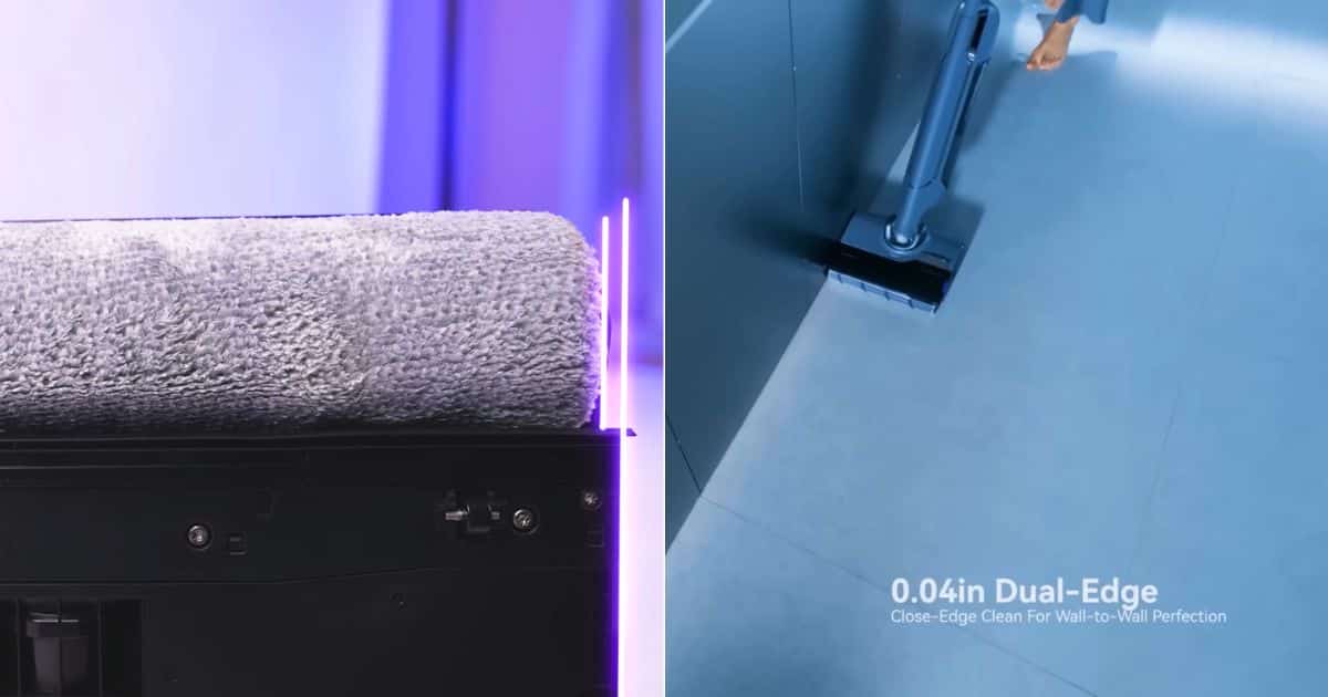 A split-image collage showing a close-up of a roller on a hard floor cleaner and another shot of the cleaner positioned tightly against a wall for close-edge cleaning.