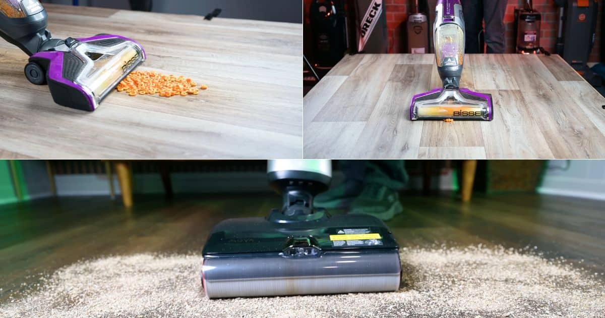 A three-image collage showing hard floor cleaners picking up dry debris on different floor types, including close-up views of floorheads collecting scattered particles.