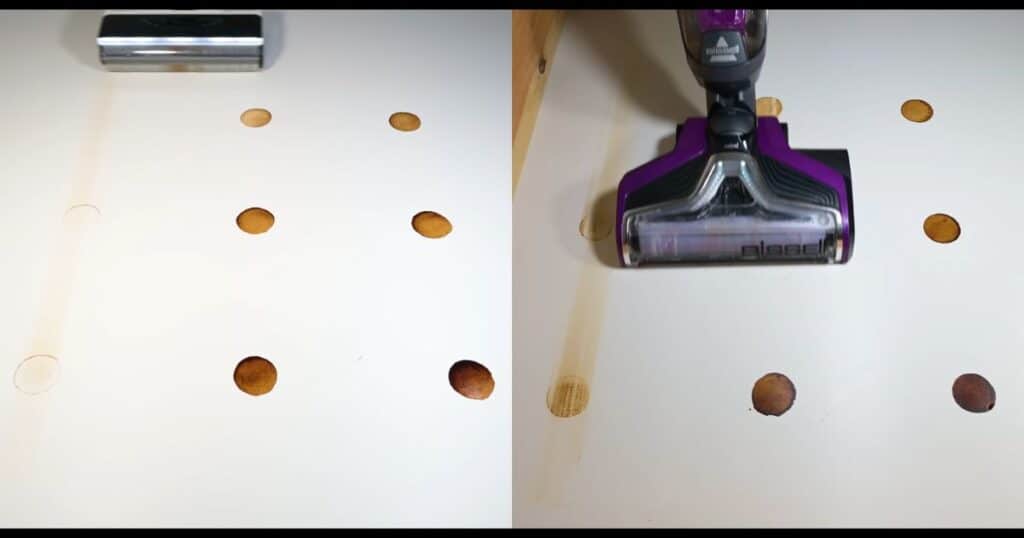 A side-by-side image of two hard floor cleaners moving across a test board covered with evenly spaced circular coffee stains.