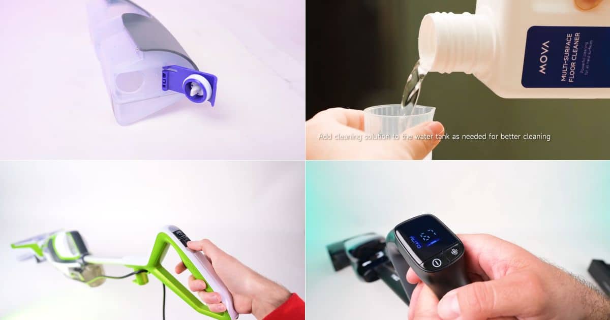 A four-image collage showing different steps and components of hard floor cleaner operation: a clean-water tank with its cap open, cleaning solution being measured, a user holding the handle of a floor cleaner, and a close-up of a digital control display.