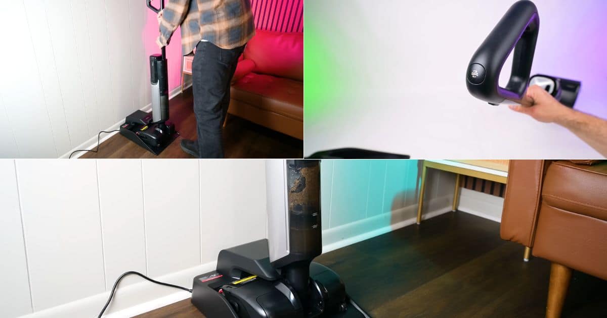 A three-image collage showing different aspects of a hard floor cleanerโs docking and self-cleaning process: a person placing the machine onto its base, a close-up of the handle and control button, and the machine seated on the dock with the dirty-water tank visible.