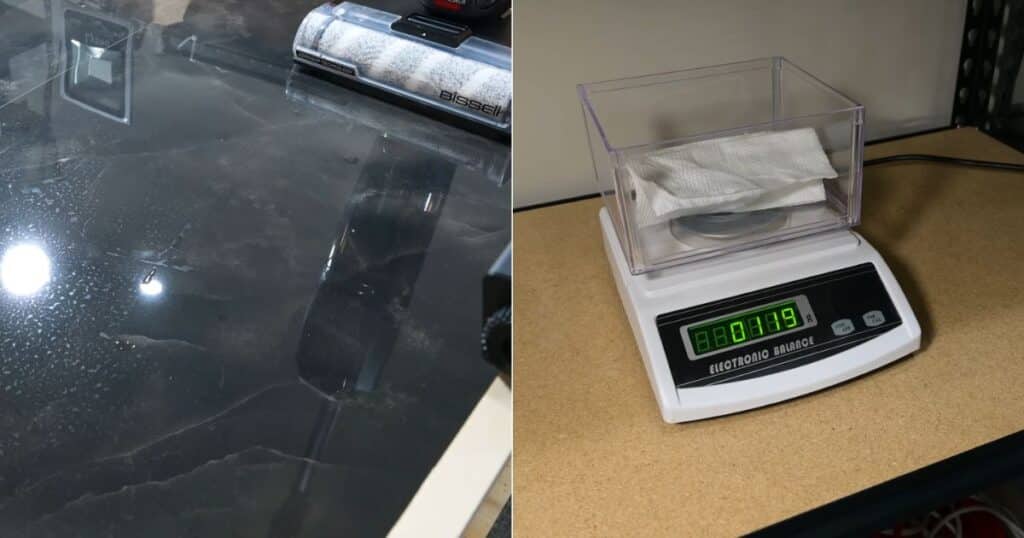 A split-image collage showing a hard floor cleaner leaving visible streaks from excess water on a dark floor, alongside a digital scale measuring the weight of a paper towel used to determine how much water a machine leaves behind.