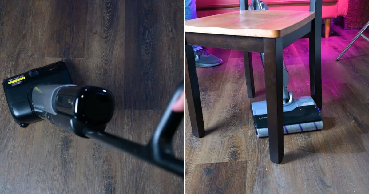 A split-image collage showing two hard floor cleaners' maneuvering abilities. One is navigating around a chair leg, and another is turning on a dark wood floor.