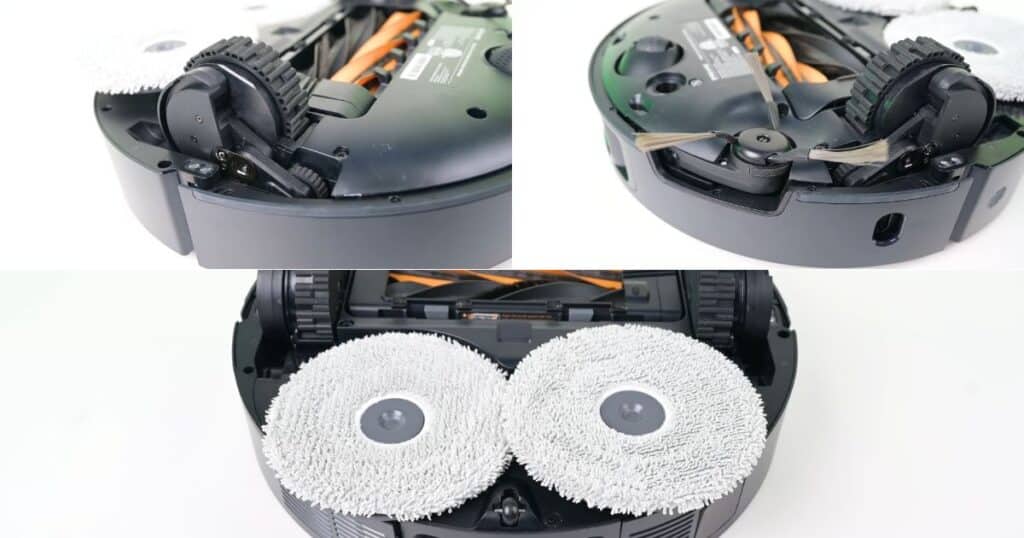 Three-panel underside collage of the Dreame L50 Ultra robot vacuum: top left shows the Pro Leap wheel system that lets the robot raise and lower its drive wheels, top right shows the extending side brush, and the bottom panel shows two large circular mop pads covering most of the rear underside.