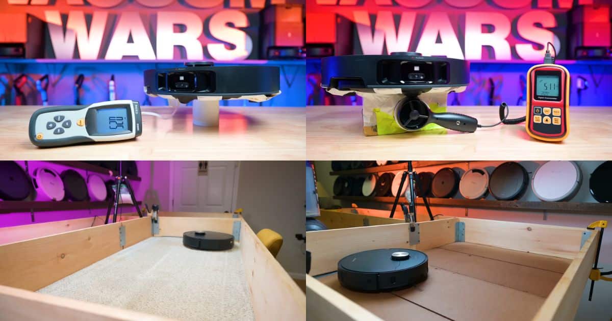 Four-panel collage showing Dreame L50 Ultra robot vacuum tests. Top left, the robot is elevated on a stand with a handheld airflow meter in front. The robot is positioned over a suction test rig with an airflow gauge. Bottom left, the Dreame L50 Ultra is driving on a carpeted test box. Bottom right, the robot is running on a bare MDF-style floor in a similar test box, with shelves of other robot vacuums in the background.