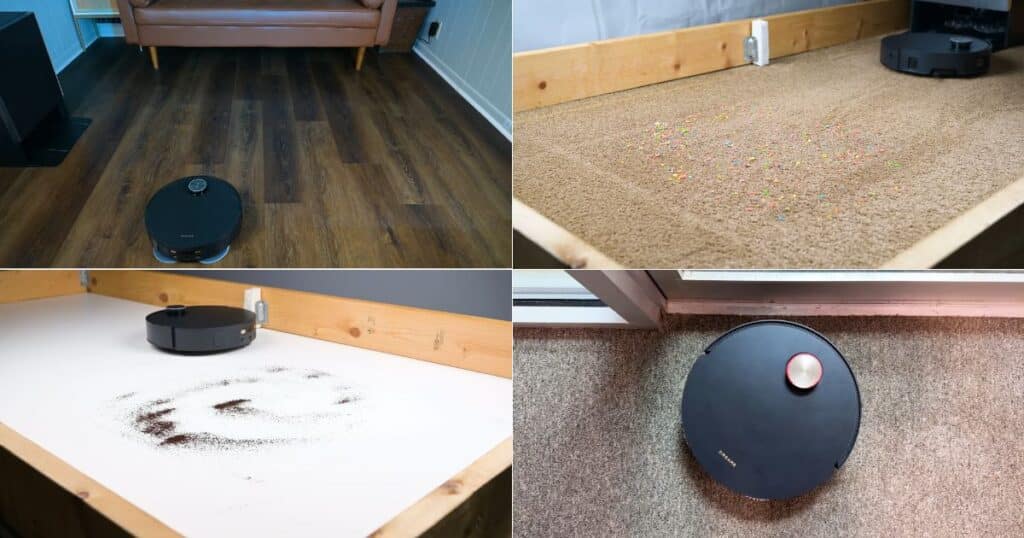 A collage showing the Dreame Matrix10 robot vacuum during several cleaning tests. In the top-left panel, the robot cleans a large hardwood living room floor. In the top-right panel, it sits in a test pen on carpet scattered with colorful debris. In the bottom-left panel, the Matrix10 works on a white hard floor test board with a ring of dark debris. In the bottom-right panel, it’s next to a door and appears to be stuck during a cleaning run.