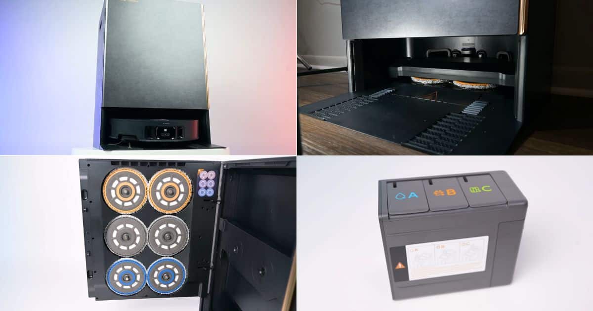 Collage showing the Dreame Matrix10 robot vacuum’s multi-mop dock system. The top left frame shows the tall black dock with the robot parked at the base. The top right frame is a close-up of the dock’s floor area with mop pads and small ramps. The bottom left frame shows the inside of the dock door with multiple circular mop pads stored in color-coded rows. The bottom right frame shows a removable cartridge with three labeled compartments, marked A, B, and C, for different cleaning solutions.