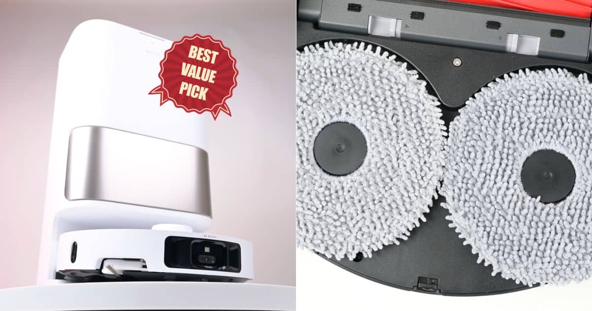 Split image of the MOVA P10 Pro Ultra: left side shows the white robot vacuum parked in front of its tall auto-empty dock with a red badge graphic reading “BEST VALUE PICK,” and right side shows a close-up of the robot’s two circular spinning mop pads attached underneath.