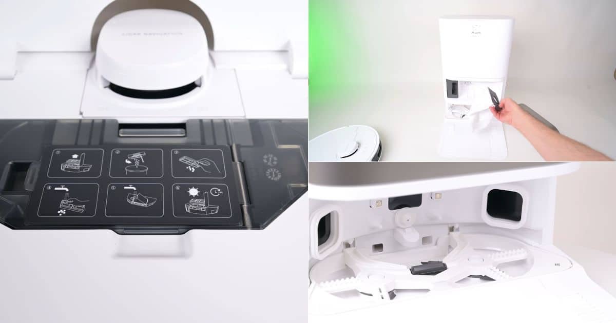 Three-panel image of the MOVA P10 Pro Ultra dock: left panel shows the top of the dock with step-by-step cleaning icons, upper-right panel shows a person pulling out the dust bag from the front of the white auto-empty station while the robot sits nearby, and lower-right panel shows the interior of the dock’s washing area with plastic arms and channels for cleaning mop pads.