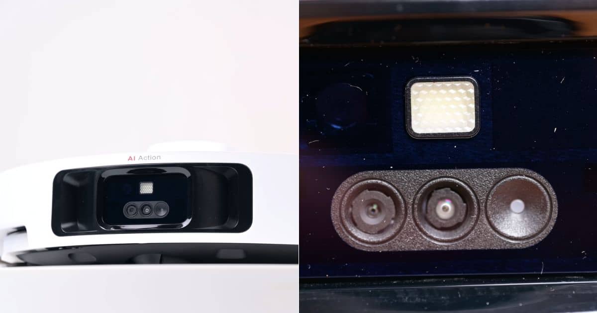 Split image showing the front obstacle-avoidance module of the white MOVA P10 Pro Ultra robot vacuum on the left and an extreme close-up on the right of the same module, highlighting the rectangular LED light and three circular sensor lenses used for object detection.