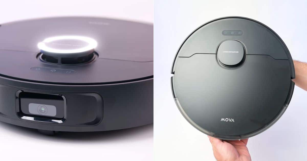 Side-by-side photos of the MOVA S10 robot vacuum, showing a close-up of its top LiDAR turret and front camera sensor on the left and a top-down view of the full robot held in two hands on the right.