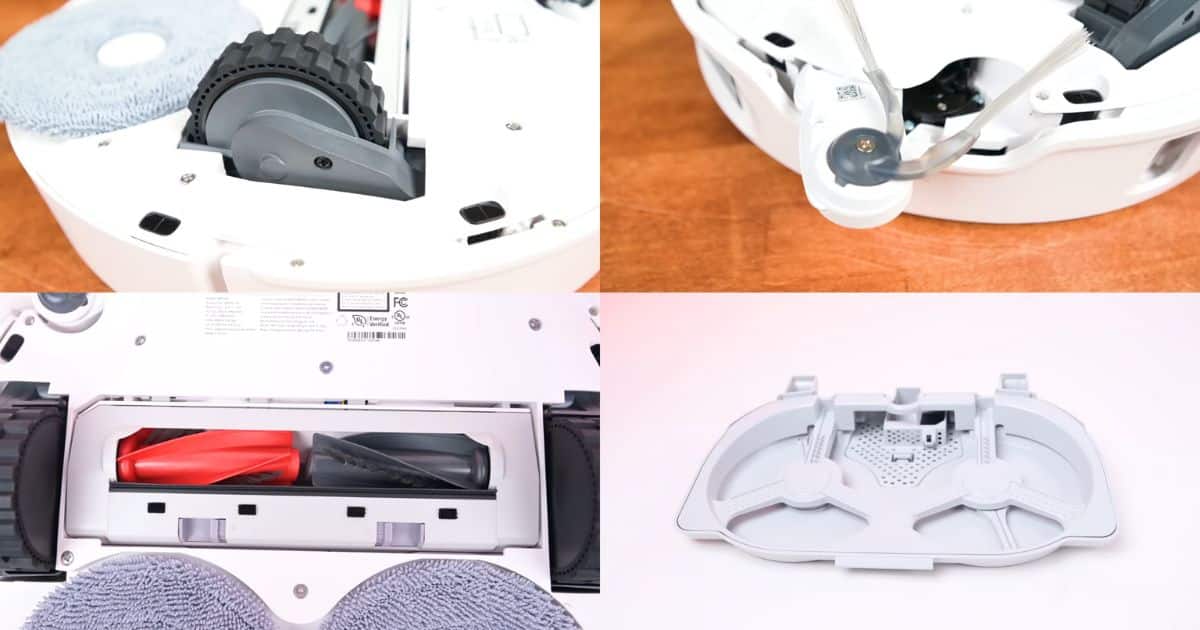 Collage of four close-up views of the underside and components of the Roborock Q Revo CurvX robot vacuum: the top-left shows a drive wheel next to a circular mop pad, the top-right shows the front corner with the extending side brush, the bottom-left shows the removable dual-roller brush cartridge with red and gray brushes, and the bottom-right shows the separate plastic mop-pad carrier with two circular recesses.