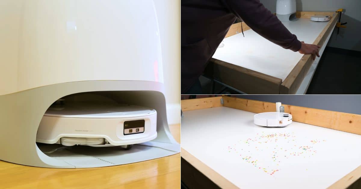 Collage showing the Roborock QRevo CurvX in testing: close-up of the robot vacuum docked inside its base on the left, a top-right image of the hard-floor test platform being positioned, and a bottom-right image of the white robot vacuum cleaning scattered colorful debris on the same raised white platform.