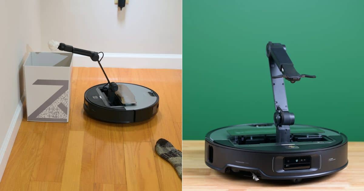 Roborock Saros Z70 robot vacuum with its auto-extending grabber arm deployed. On the left, the robot is on hardwood flooring using the arm to lift a piece of trash toward a small bin while a sock lies nearby. On the right, the robot is shown in a studio shot with the arm fully raised against a green background, highlighting the experimental grabber design.