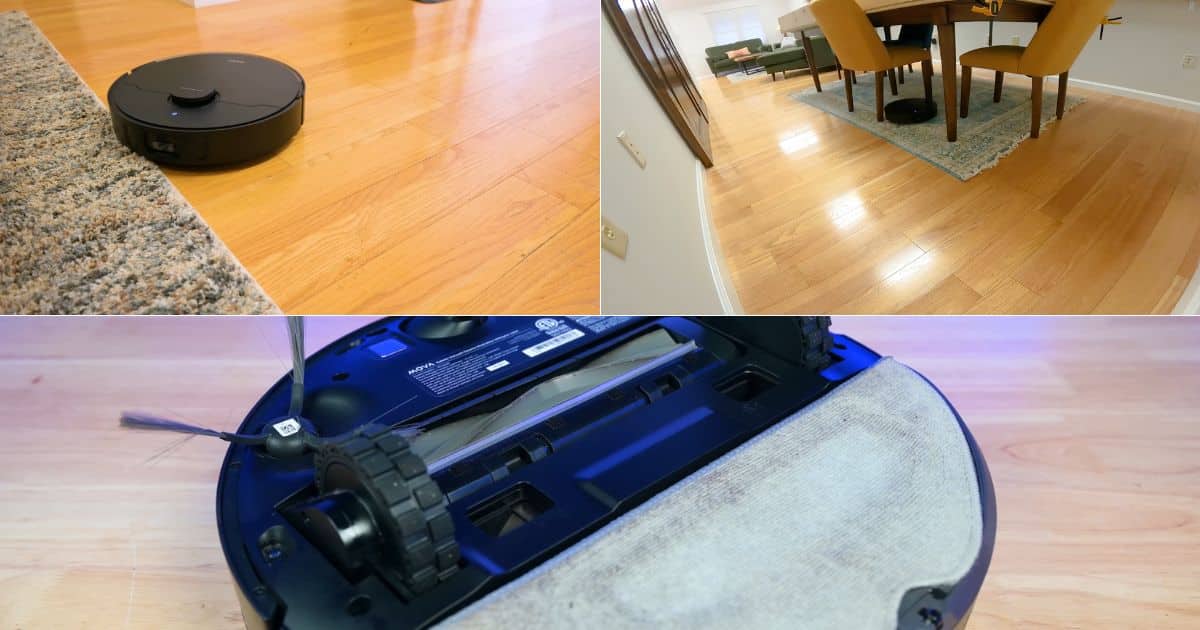 Three-panel image of the MOVA S10 robot vacuum: top left showing the robot transitioning between hard flooring and a carpeted area, top right showing it cleaning in a dining room with an area rug, and bottom panel showing the underside of the robot with its brush roll, wheels, and attached mop pad.