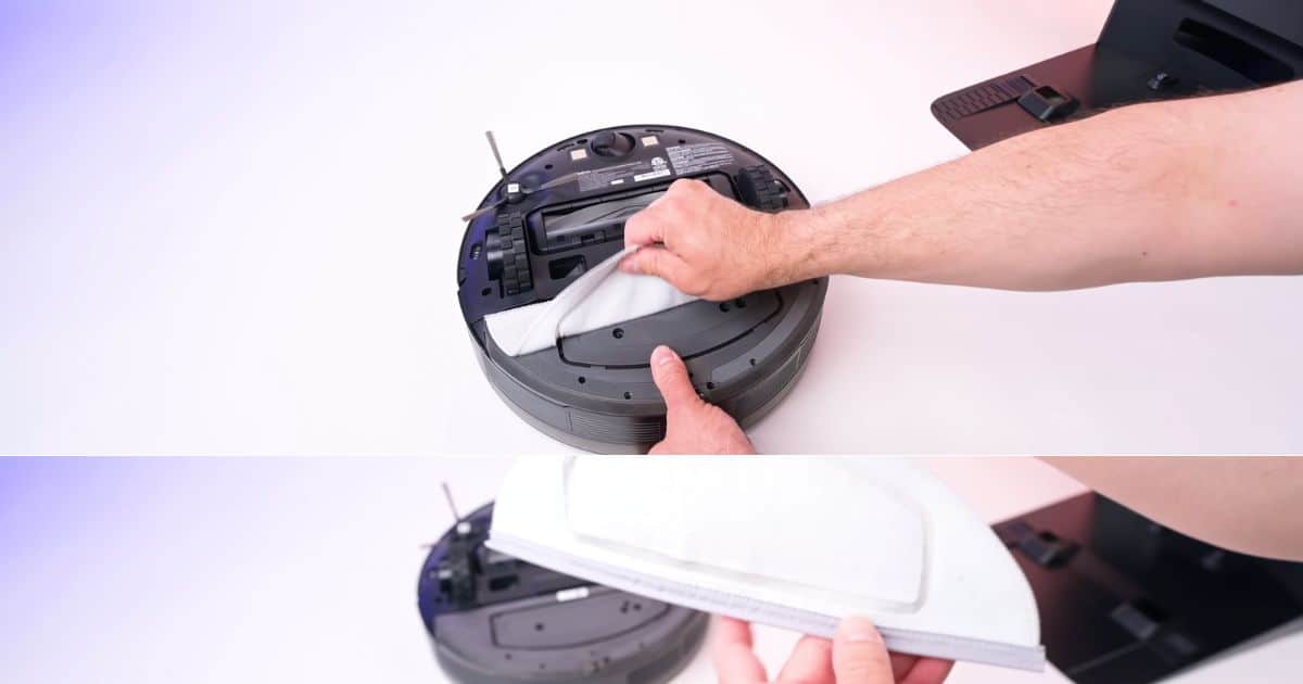 Two-panel image showing a person removing the flat white mop pad from the underside of the MOVA S10 robot vacuum in the top panel, and holding the detached mop pad in front of the robot and dock in the bottom panel.