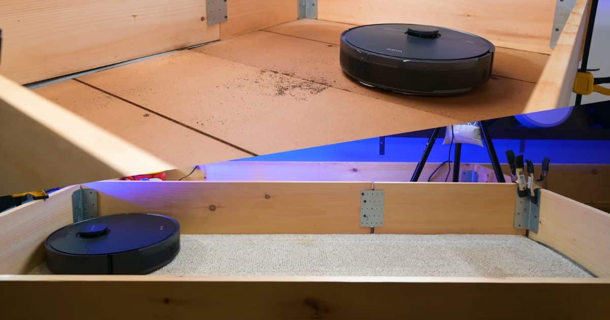 Two-panel image of the MOVA S10 robot vacuum inside a wooden test box, with the top panel showing the robot next to scattered debris on a hard surface and the bottom panel showing it cleaning a box filled with carpeted material.