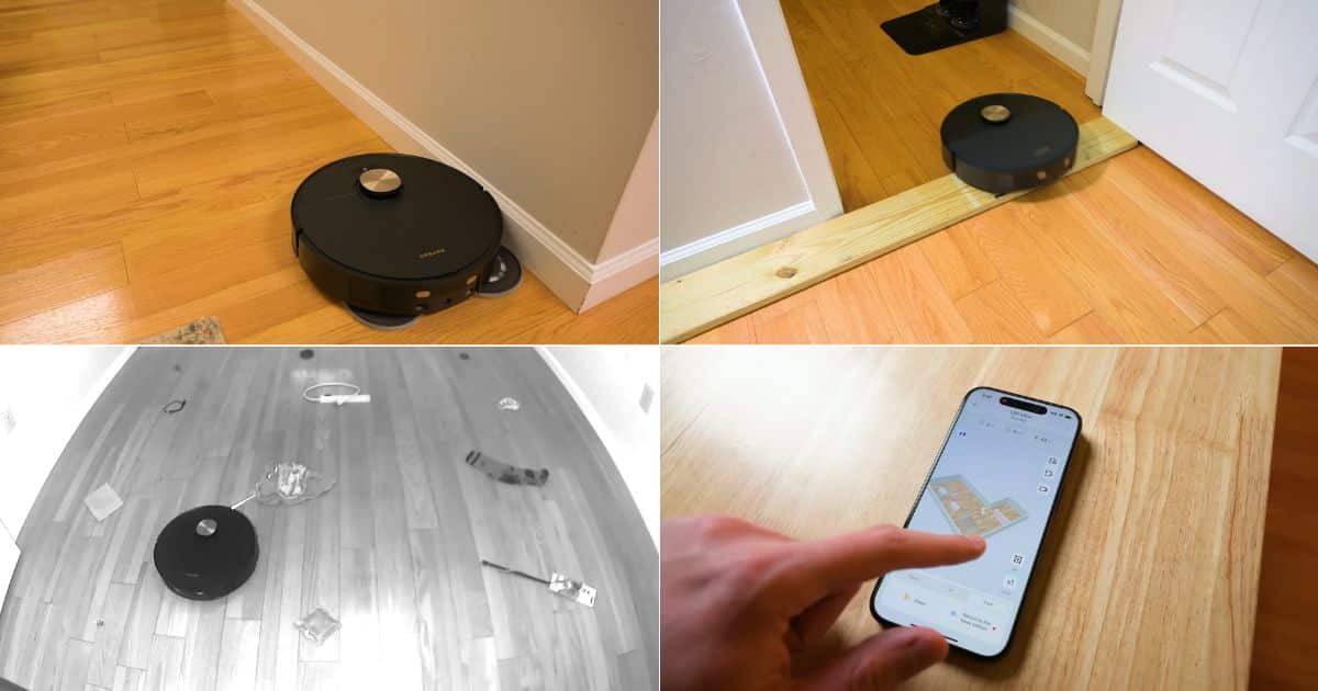 Four-panel collage showing different robot vacuum features: top left, a robot vacuum following along a wall edge on hardwood flooring; top right, a robot vacuum climbing over a raised wooden threshold between rooms; bottom left, a grayscale view of a robot navigating around scattered obstacles on the floor; bottom right, a hand using a robot vacuum mobile app displaying a mapped floor plan.
