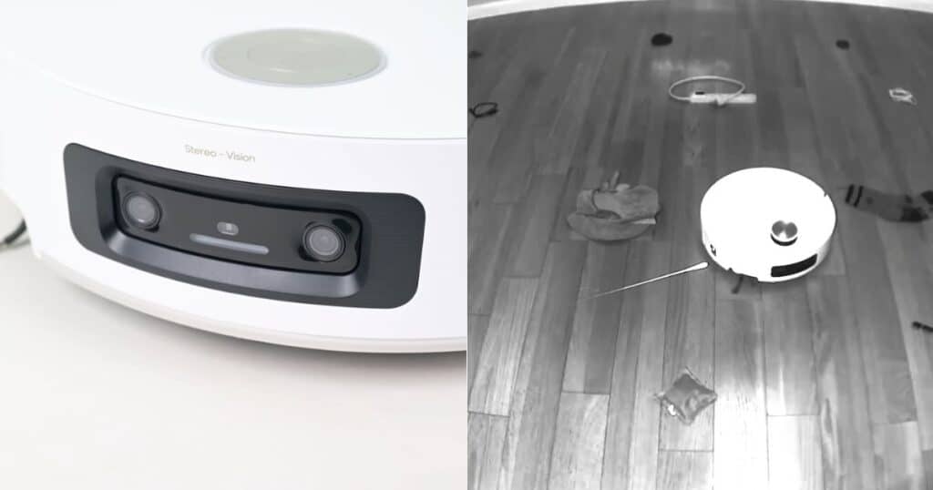| Vacuum Wars Side-by-side image showing the Dreame Aqua10 Ultra Roller’s dual front cameras labeled “Stereo Vision” (left) and a top-down view of the robot vacuum navigating around household obstacles on a hardwood floor (right)—demonstrating its AI-powered obstacle avoidance using dual RGB cameras and 3D structured-light sensors.