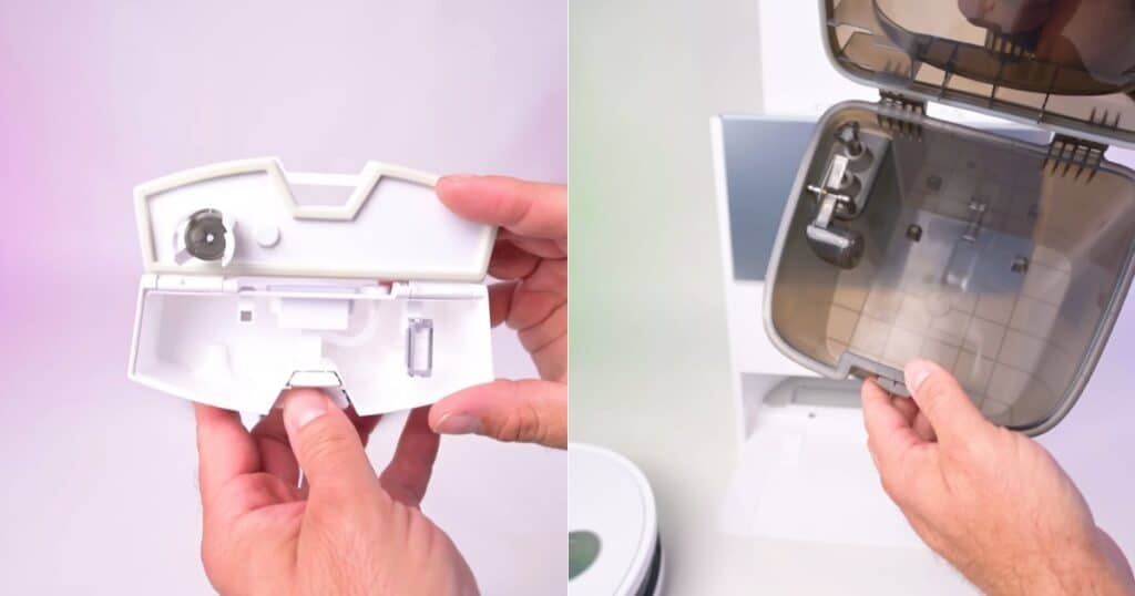 | Vacuum Wars Close-up of the Dreame Aqua 10 Ultra Roller’s water management system. The left side shows the robot’s small onboard dirty-water tank, while the right shows the larger dirty-water container housed in the base station, both held in hand for comparison.