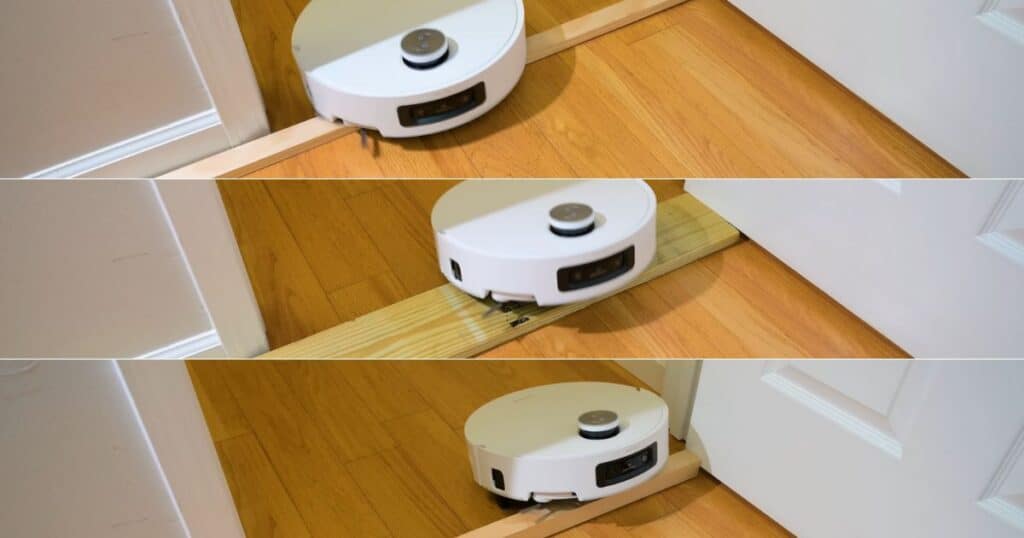 | Vacuum Wars Three-frame sequence showing the Dreame Aqua 10 Ultra Roller climbing over a raised wooden threshold during Vacuum Wars testing, demonstrating its ProLeap suspension system and ability to clear single- and dual-tier obstacles up to 42–80 millimeters.