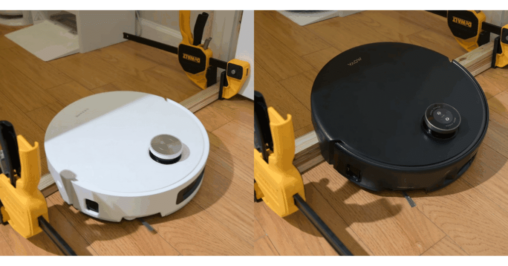 Dreame Aqua10 Ultra Roller MOVA Z60 Ultra Roller | Vacuum Wars Side-by-side image showing the Dreame Aqua10 Ultra Roller and MOVA Z60 Ultra robot vacuums during a threshold climbing test, demonstrating the MOVA’s superior 51mm single-threshold performance compared to Dreame’s 44mm result.