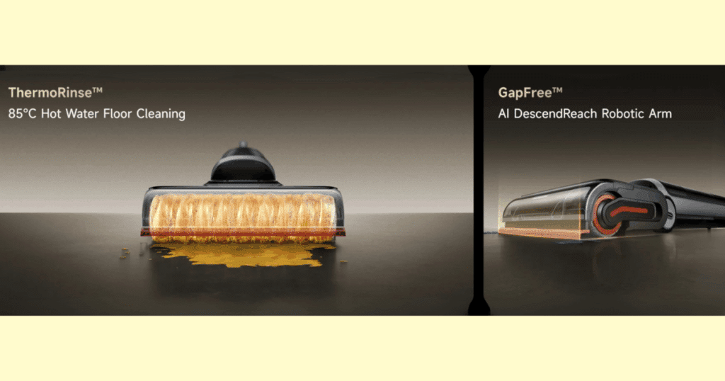 Image showing Dreame H15 Pro Heat features, including ThermoRinse 85°C hot-water floor cleaning and the GapFree AI DescendReach robotic arm designed for improved edge and corner cleaning on wet/dry vacuums.