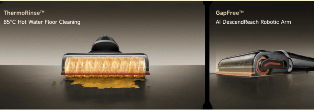 Dreame H15 Pro Heat Features | Vacuum Wars Close-up views of a wet/dry vacuum roller and edge-cleaning mechanism designed to improve baseboard and edge coverage