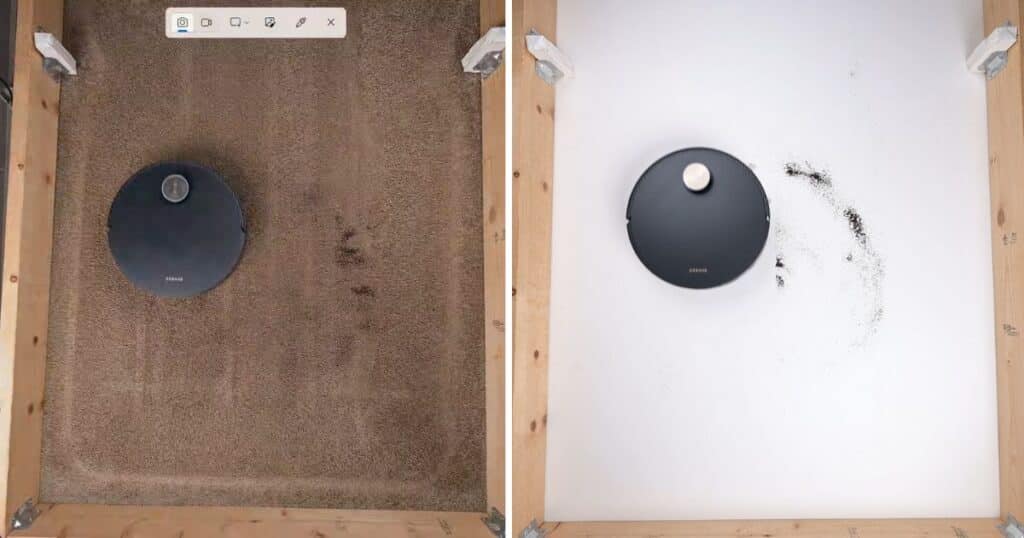 Our Dreame Matrix10 Ultra vacuuming coffee on carpet and hard floor in our performance evaluations.