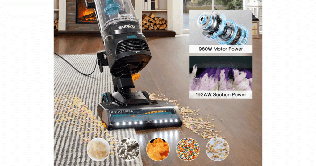 Eureka FlexReach NEU652 Suction motor | Vacuum Wars Eureka FlexReach Plus NEU652 upright vacuum cleaning mixed debris on carpet and hard floor, showcasing 960W motor and 192 Air Watts suction power with anti-tangle brushroll and LED headlights