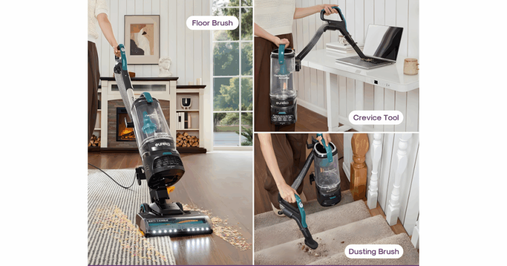 Eureka FlexReach NEU652 above floor | Vacuum Wars Eureka FlexReach Plus NEU652 upright vacuum shown with floor brush, crevice tool, and dusting brush for cleaning floors, desks, stairs, and other above-floor areas.