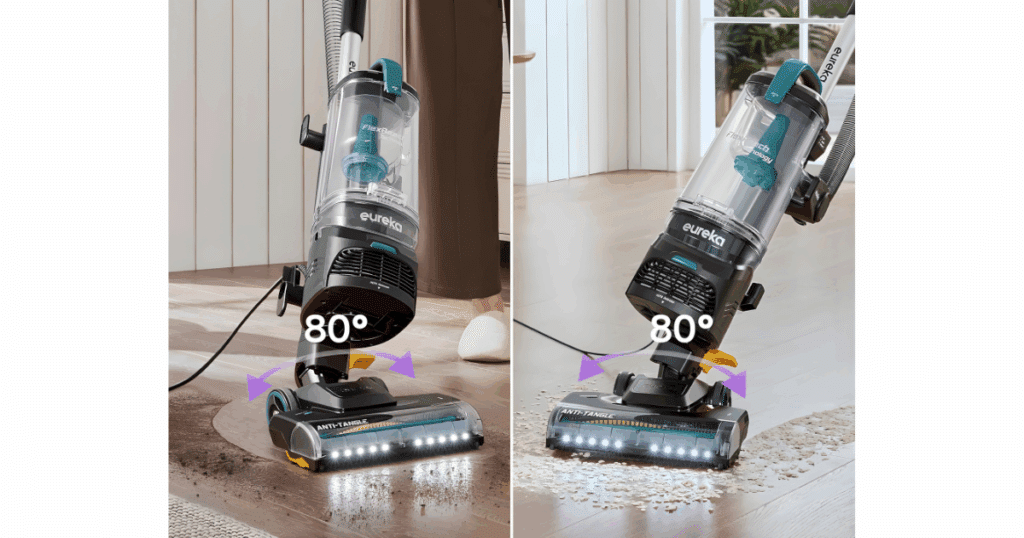 Eureka FlexReach NEU652 maneuvering | Vacuum Wars Eureka FlexReach Plus NEU652 upright vacuum pivoting 80 degrees on hard floors, showing lightweight maneuverability with LED headlights and large bagless dust bin