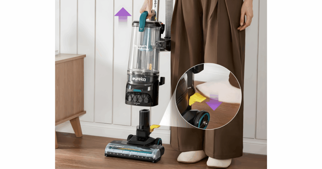 Eureka FlexReach NEU652 quick lift | Vacuum Wars Person lifting the Eureka FlexReach Plus NEU652 pod off the base to use Lift-Up quick-lift mode as a portable canister vacuum for above-floor cleaning