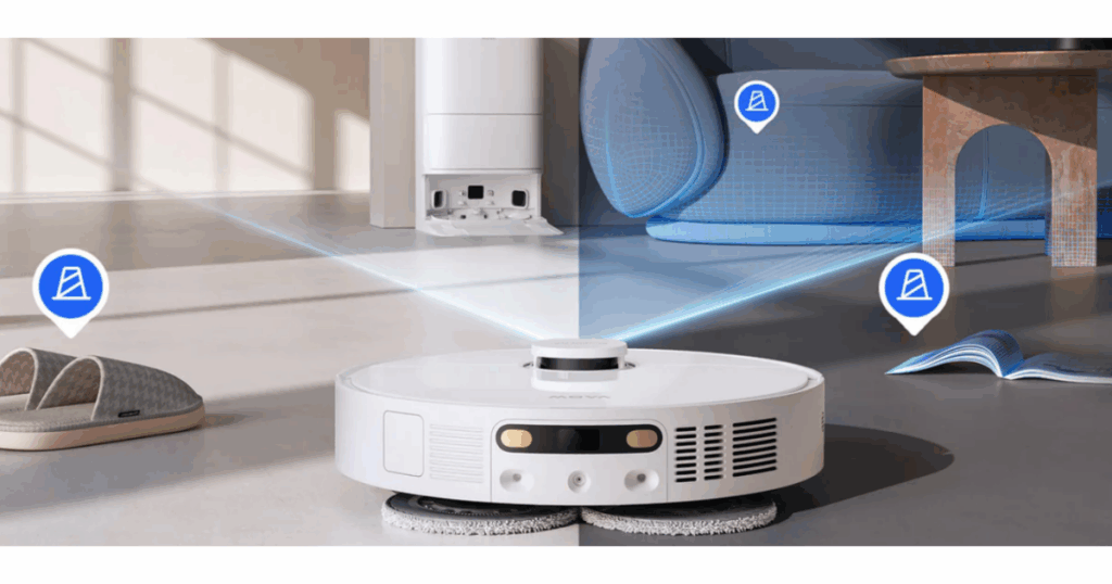 The MOVA E40 Ultra robot vacuum using LiDAR mapping and a single front-facing laser to detect obstacles while navigating a living room with furniture and objects on the floor.