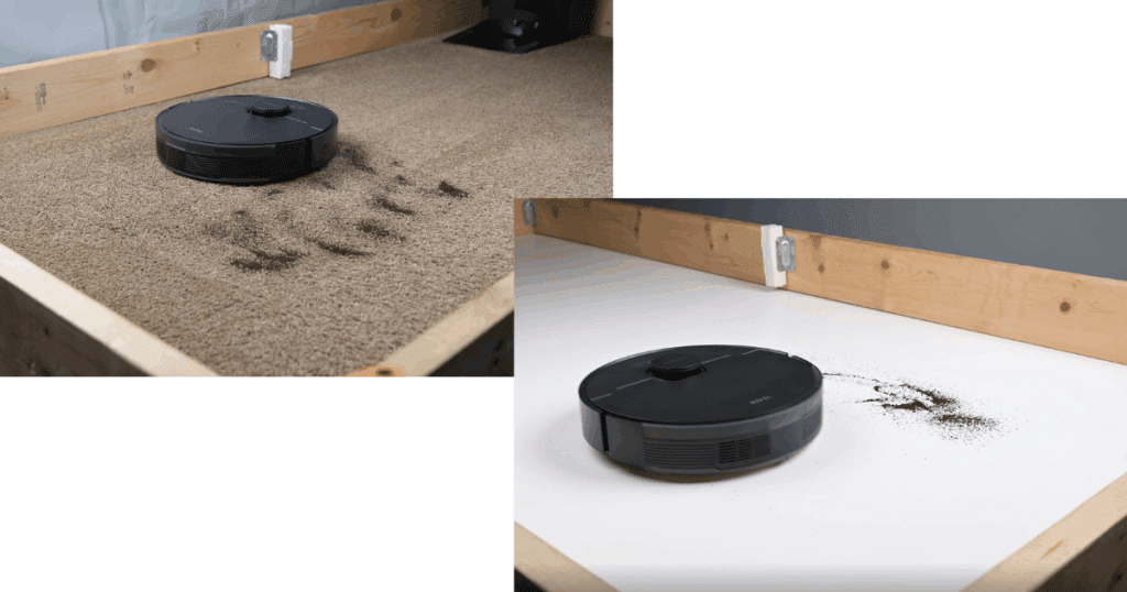 The MOVA S10 picking up coffee grounds on carpet and hard floor during testing