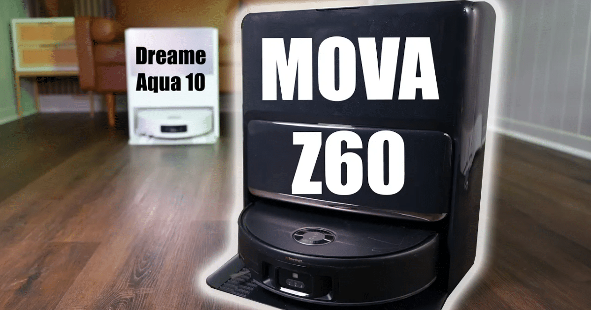 Side-by-side view of two robot vacuums: a black MOVA Z60 in the foreground and a white Dreame Aqua 10 in the background on a wooden floor, with labels identifying each model.